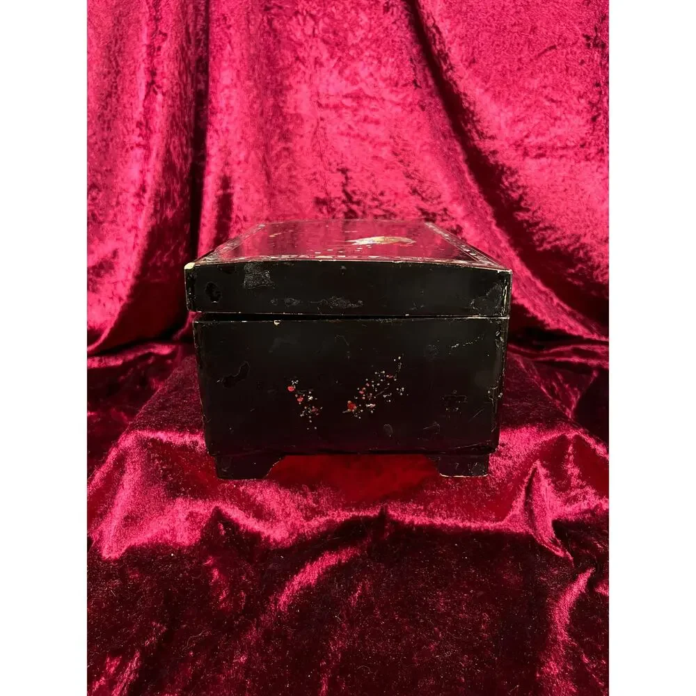 Vintage Black Lacquer Jewelry Box - Mother of Pearl Painted Peacock Vanity Chest